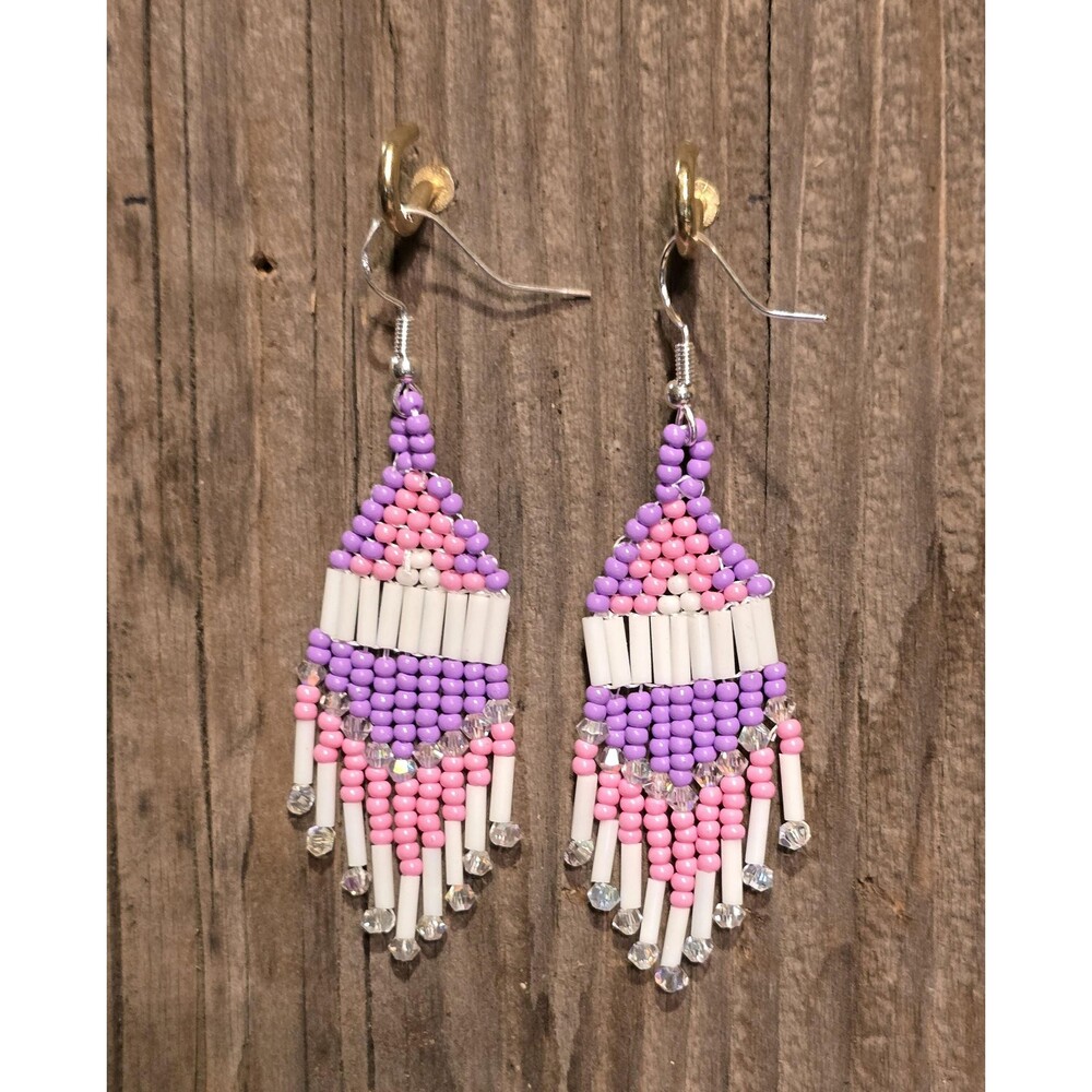Handmade Beaded Geo Drop Dangle Earrings, Pink White Purple Earrings, 3 Inch Sta